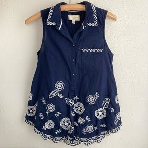 Anthropologie Moulinette Soeurs Navy Button Front Embroidered Blouse Top Size 0